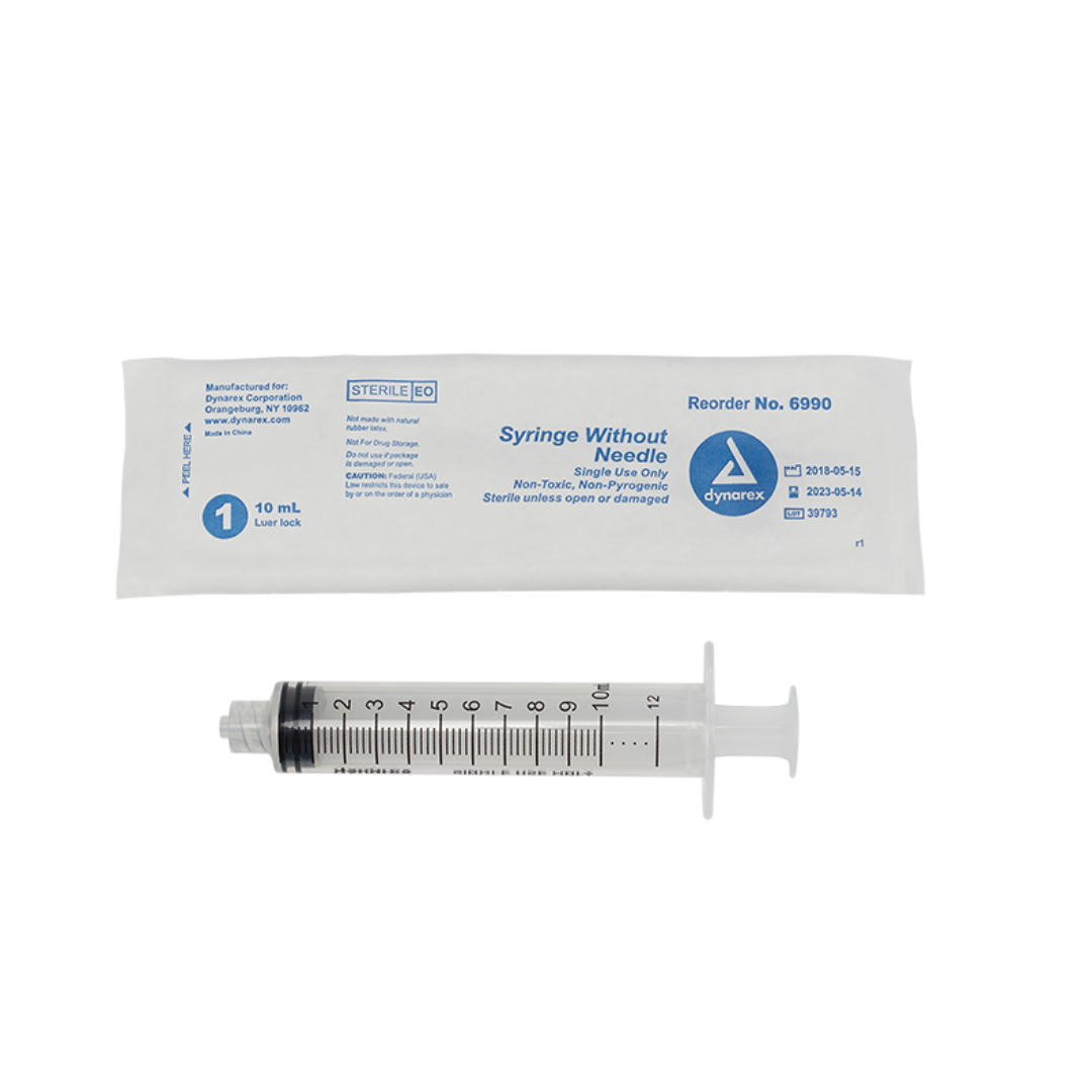 A 10 mL sterile Dynarex Syringes Without Needle is shown, ideal for medication dosing. The white packaging lists product info including reorder number 6990, lot number, and expiration date.